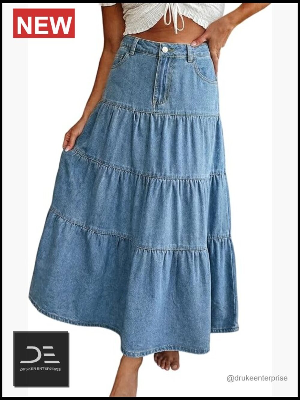 High Waisted A-Line Denim Maxi Skirt with Pockets - Tiered Swing